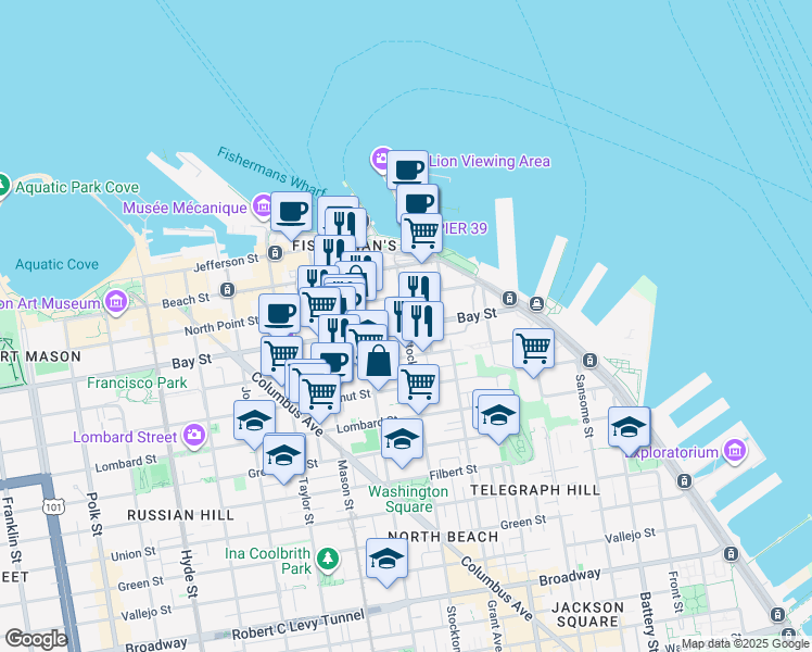 map of restaurants, bars, coffee shops, grocery stores, and more near Bay St & Stockton St in San Francisco