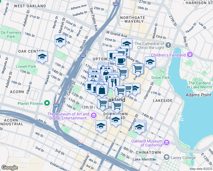 map of restaurants, bars, coffee shops, grocery stores, and more near 250 Frank H. Ogawa Plaza in Oakland