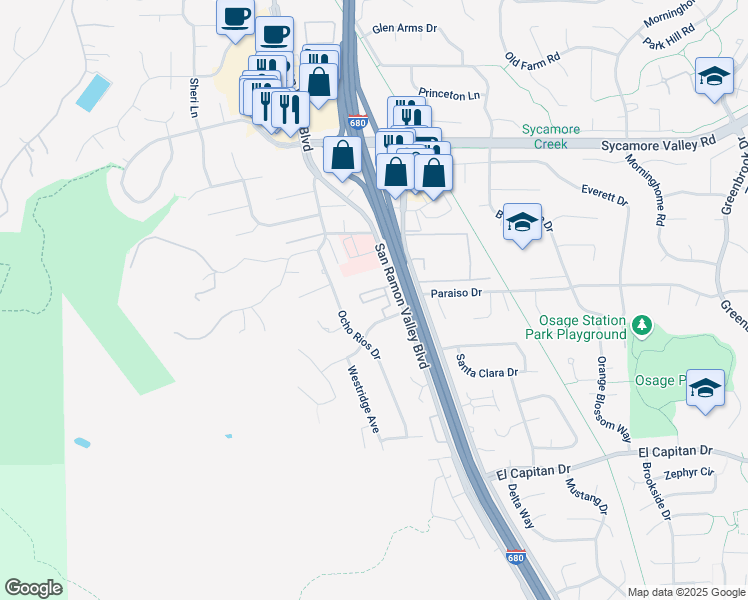 map of restaurants, bars, coffee shops, grocery stores, and more near 163-199 Westfield Cir in Danville