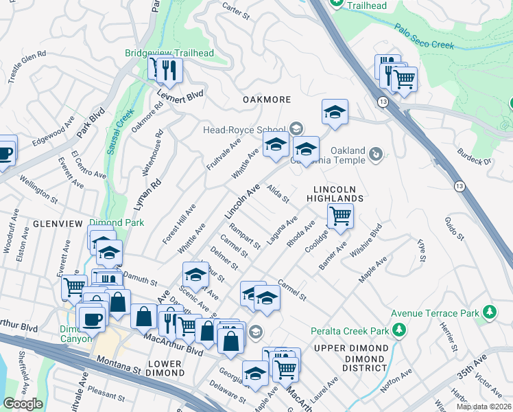 map of restaurants, bars, coffee shops, grocery stores, and more near in Oakland