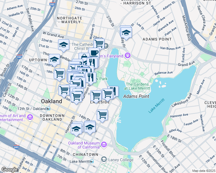map of restaurants, bars, coffee shops, grocery stores, and more near 200 Lakeside Dr in Oakland