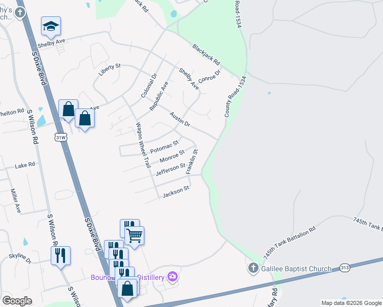 map of restaurants, bars, coffee shops, grocery stores, and more near 780 Franklin Street in Radcliff