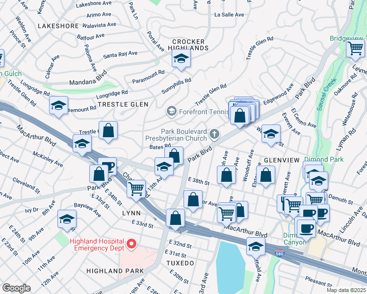 map of restaurants, bars, coffee shops, grocery stores, and more near 3923 Greenwood Avenue in Oakland