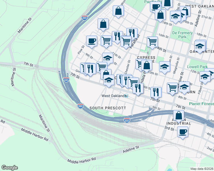 map of restaurants, bars, coffee shops, grocery stores, and more near 7th Street & Peralta Street in Oakland