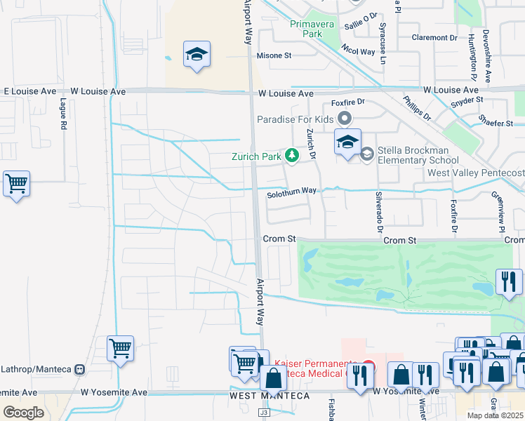 map of restaurants, bars, coffee shops, grocery stores, and more near 597 Fribourg Lane in Manteca