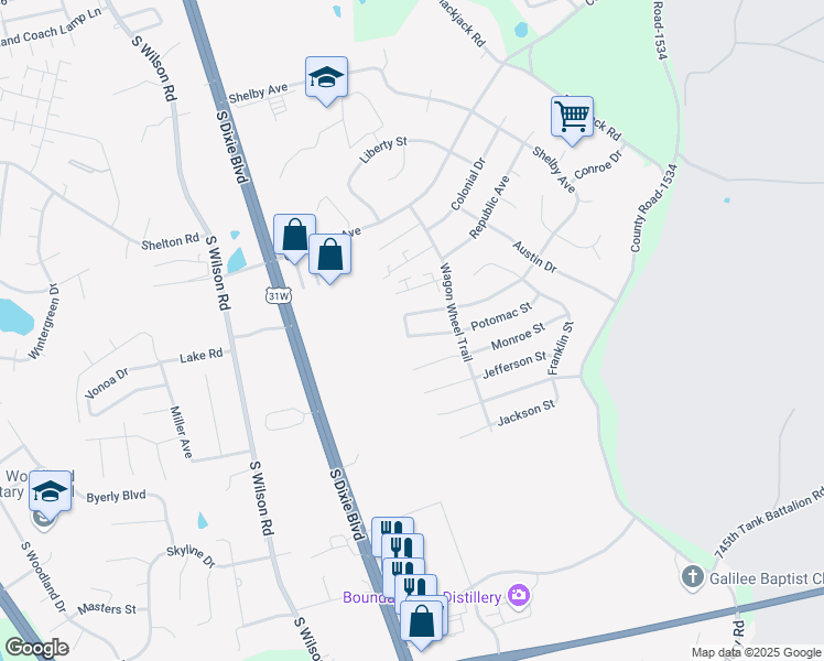 map of restaurants, bars, coffee shops, grocery stores, and more near 631 Potomac Court in Radcliff