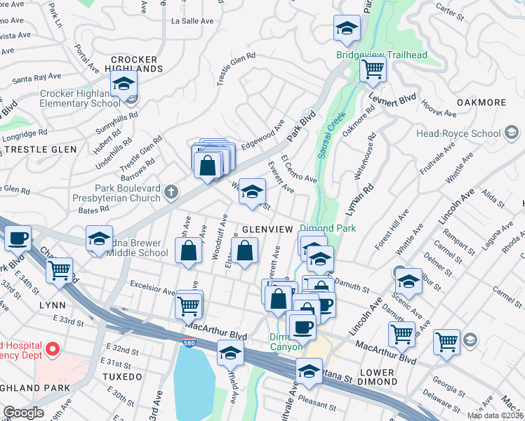map of restaurants, bars, coffee shops, grocery stores, and more near 1559 Wellington Street in Oakland