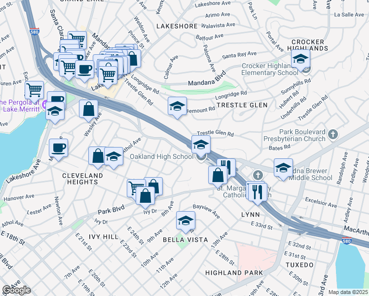 map of restaurants, bars, coffee shops, grocery stores, and more near 926 MacArthur Boulevard in Oakland