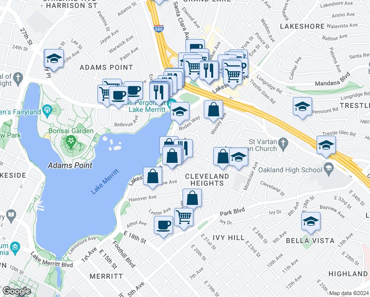 map of restaurants, bars, coffee shops, grocery stores, and more near 450 Merritt Avenue in Oakland