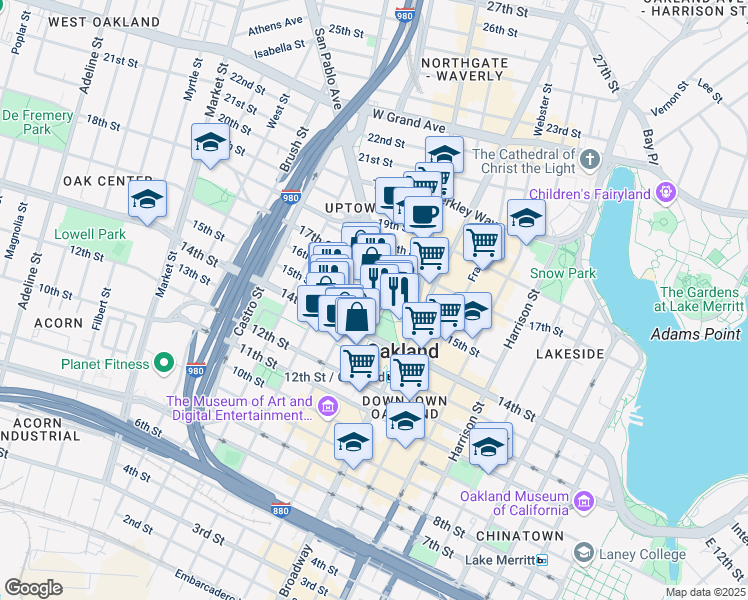 map of restaurants, bars, coffee shops, grocery stores, and more near in Oakland