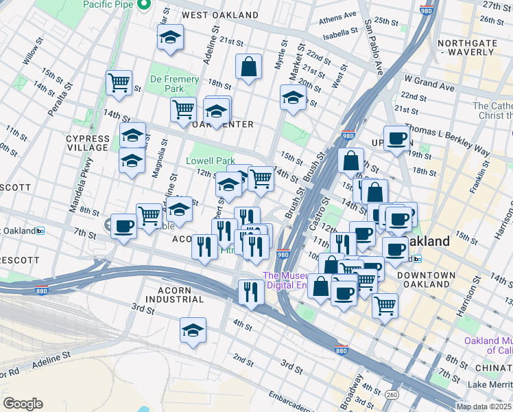map of restaurants, bars, coffee shops, grocery stores, and more near 1100 Market Street in Oakland