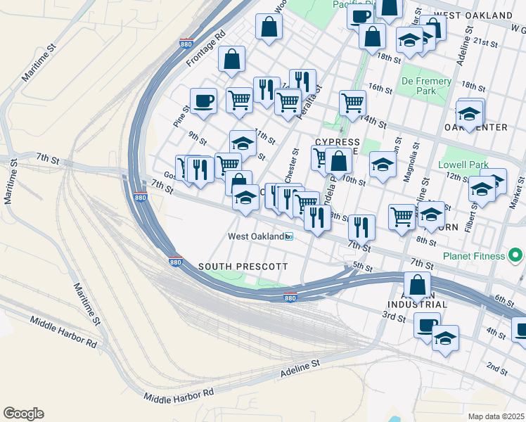 map of restaurants, bars, coffee shops, grocery stores, and more near 1528 7th Street in Oakland