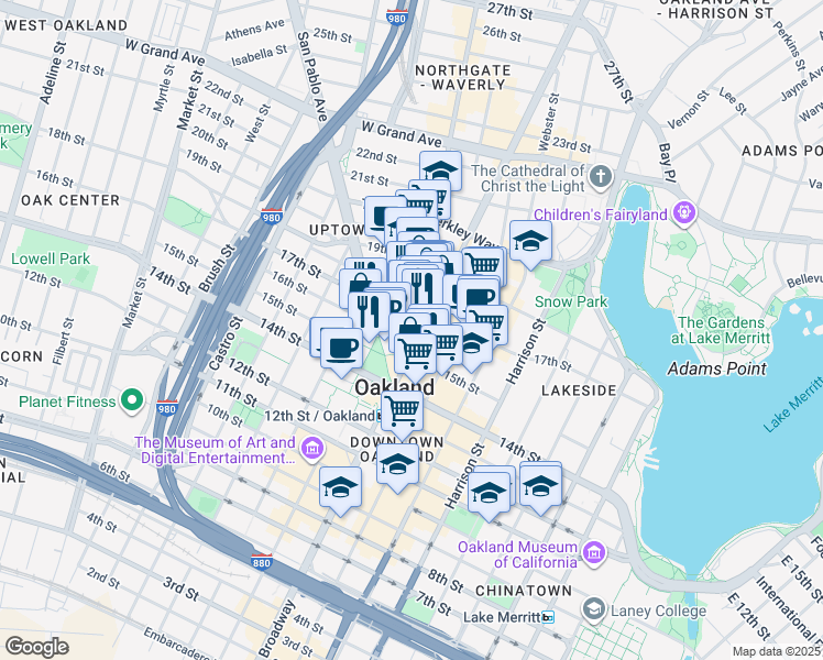 map of restaurants, bars, coffee shops, grocery stores, and more near 1161 Telegraph Avenue in Oakland