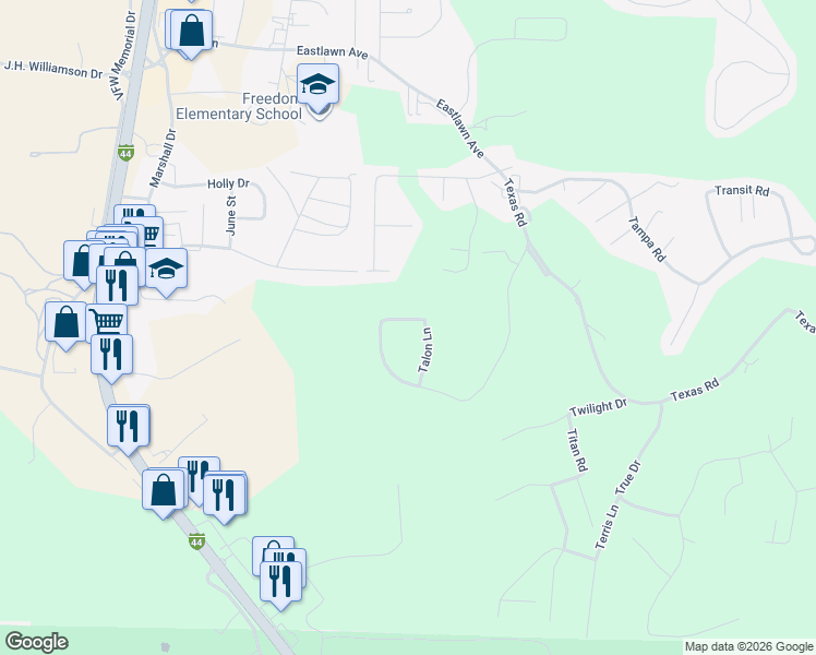 map of restaurants, bars, coffee shops, grocery stores, and more near 24345 Trolley Lane in Saint Robert