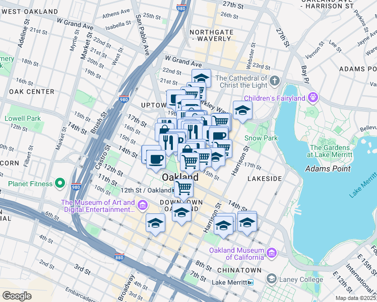 map of restaurants, bars, coffee shops, grocery stores, and more near 1161 Telegraph Avenue in Oakland