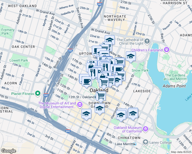 map of restaurants, bars, coffee shops, grocery stores, and more near in Oakland