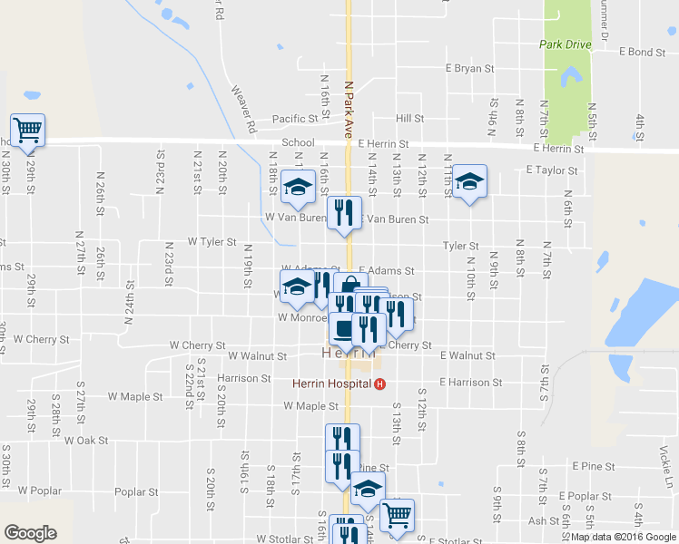 map of restaurants, bars, coffee shops, grocery stores, and more near 104 West Adams Street in Herrin