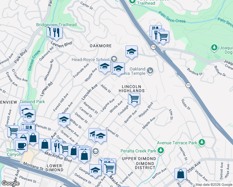 map of restaurants, bars, coffee shops, grocery stores, and more near 4200 Laguna Avenue in Oakland