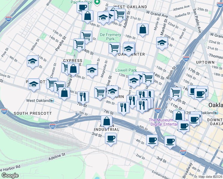 map of restaurants, bars, coffee shops, grocery stores, and more near 1143 10th Street in Oakland
