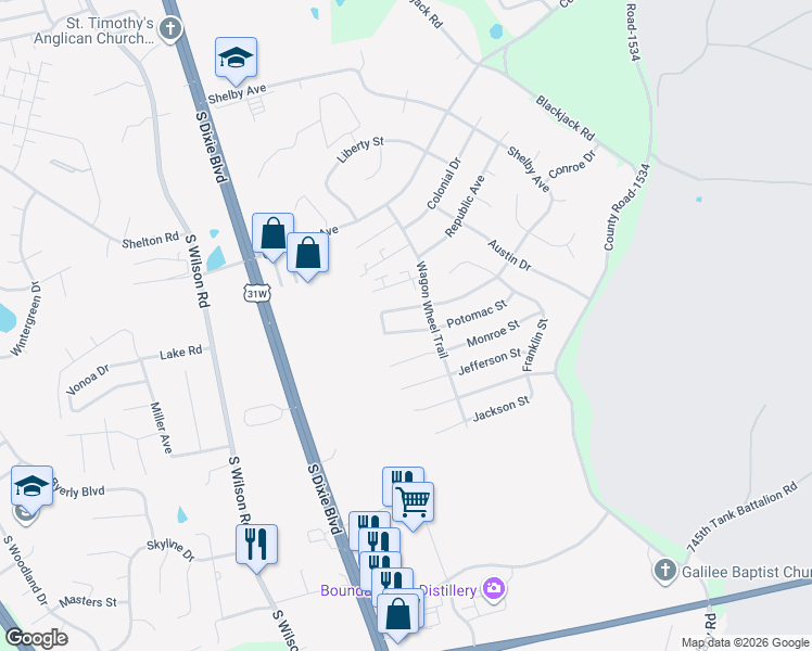 map of restaurants, bars, coffee shops, grocery stores, and more near 615 Potomac Court in Radcliff