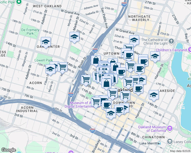 map of restaurants, bars, coffee shops, grocery stores, and more near 1307 Jefferson Street in Oakland
