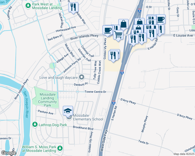 map of restaurants, bars, coffee shops, grocery stores, and more near 17021 Cobble Creek Way in Lathrop