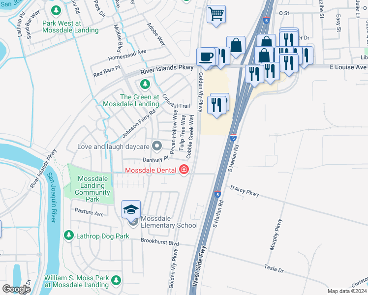 map of restaurants, bars, coffee shops, grocery stores, and more near 17030 Tulip Tree Way in Lathrop