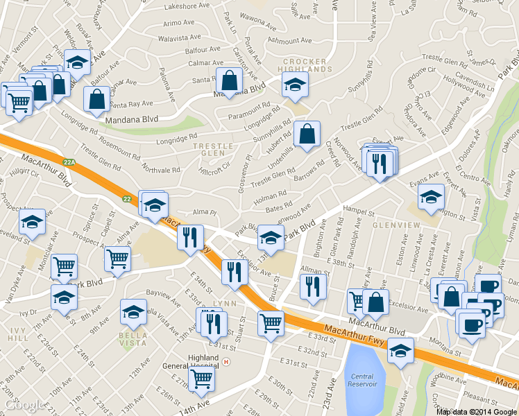 map of restaurants, bars, coffee shops, grocery stores, and more near 1221 Holman Road in Oakland