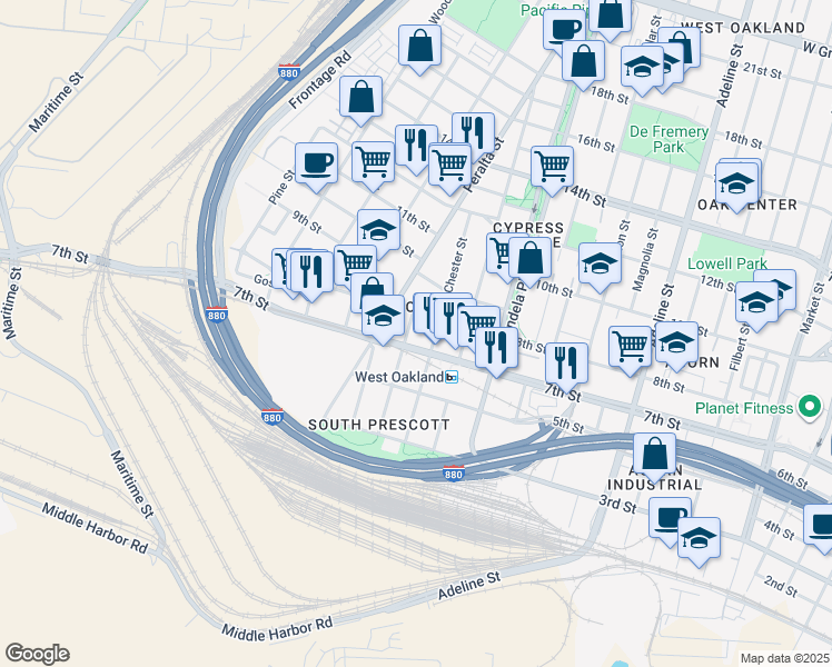 map of restaurants, bars, coffee shops, grocery stores, and more near 1528 7th Street in Oakland