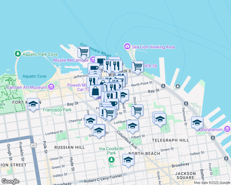 map of restaurants, bars, coffee shops, grocery stores, and more near 350 Bay Street in San Francisco
