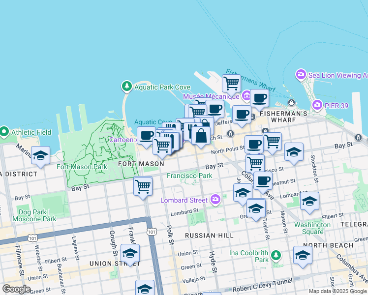 map of restaurants, bars, coffee shops, grocery stores, and more near in San Francisco