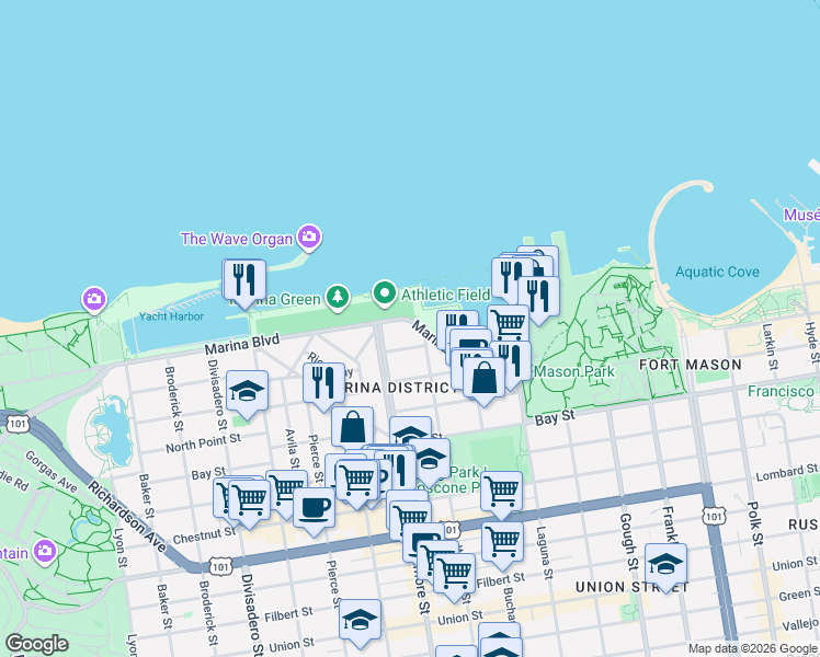 map of restaurants, bars, coffee shops, grocery stores, and more near in San Francisco