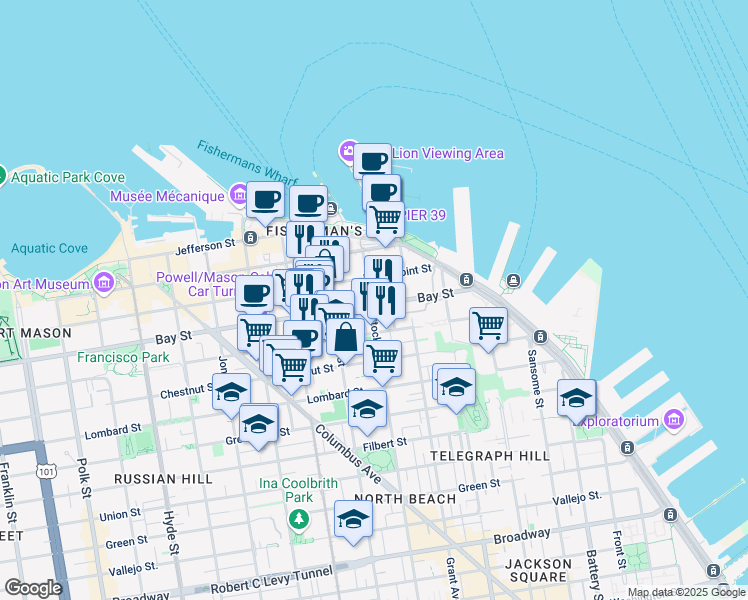 map of restaurants, bars, coffee shops, grocery stores, and more near 2210 Stockton Street in San Francisco