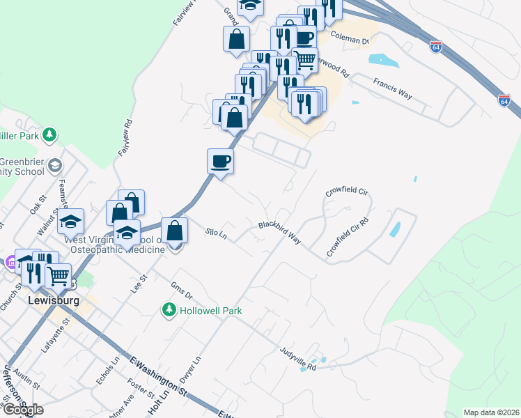 map of restaurants, bars, coffee shops, grocery stores, and more near 114 Silo Square in Lewisburg