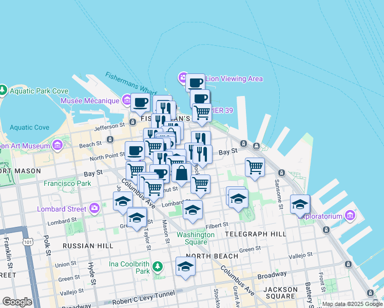 map of restaurants, bars, coffee shops, grocery stores, and more near 2211 Stockton Street in San Francisco