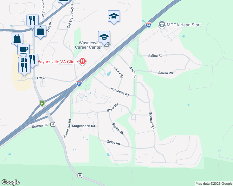 map of restaurants, bars, coffee shops, grocery stores, and more near 20150 Simmons Road in Waynesville
