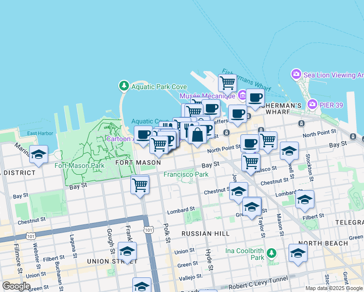 map of restaurants, bars, coffee shops, grocery stores, and more near in San Francisco