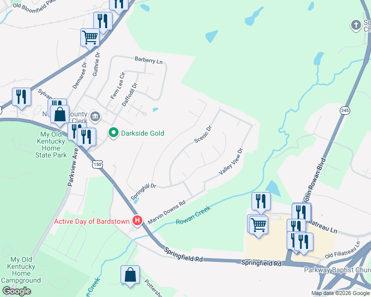 map of restaurants, bars, coffee shops, grocery stores, and more near 123 Scenic Drive in Bardstown