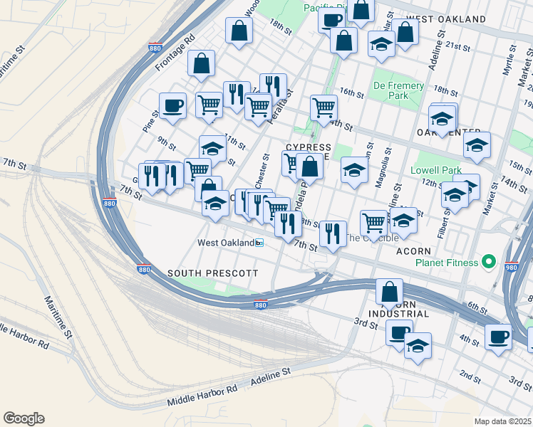 map of restaurants, bars, coffee shops, grocery stores, and more near 1451 8th Street in Oakland