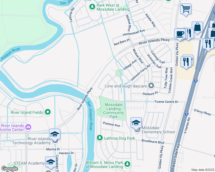 map of restaurants, bars, coffee shops, grocery stores, and more near 17001 Iron Horse Trail in Lathrop