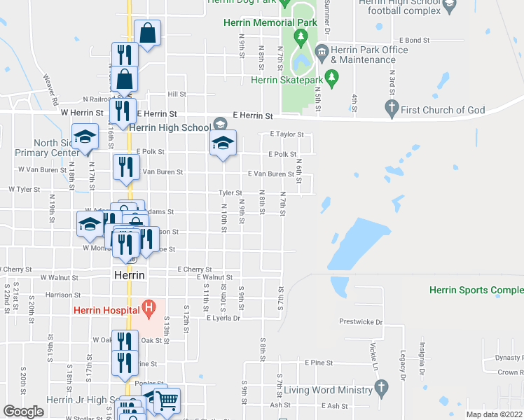 map of restaurants, bars, coffee shops, grocery stores, and more near 405 North 8th Street in Herrin