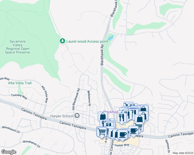 map of restaurants, bars, coffee shops, grocery stores, and more near 208 Pinewood Court in Danville