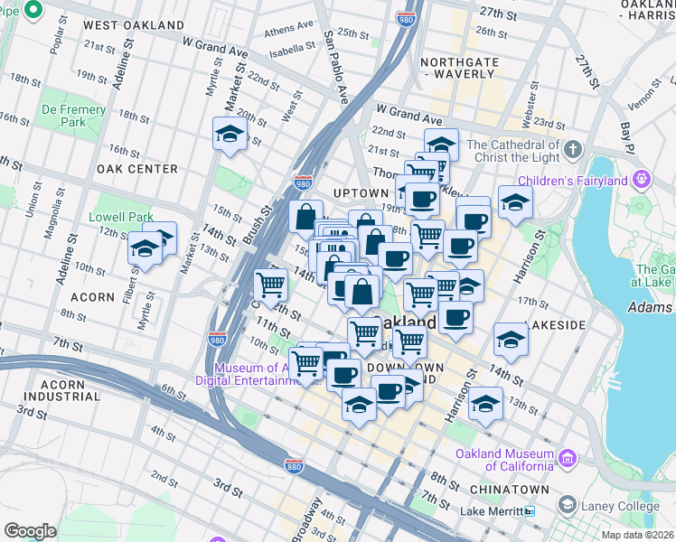 map of restaurants, bars, coffee shops, grocery stores, and more near 597 15th Street in Oakland