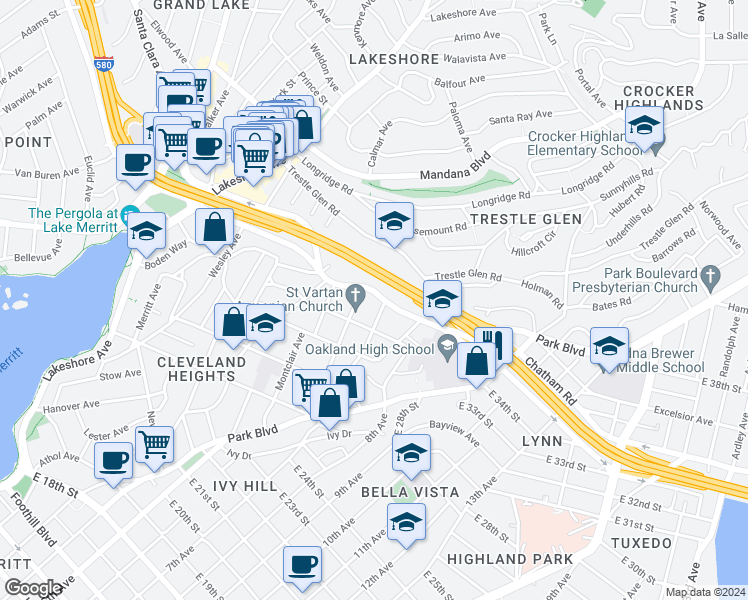 map of restaurants, bars, coffee shops, grocery stores, and more near 675 Capell Street in Oakland