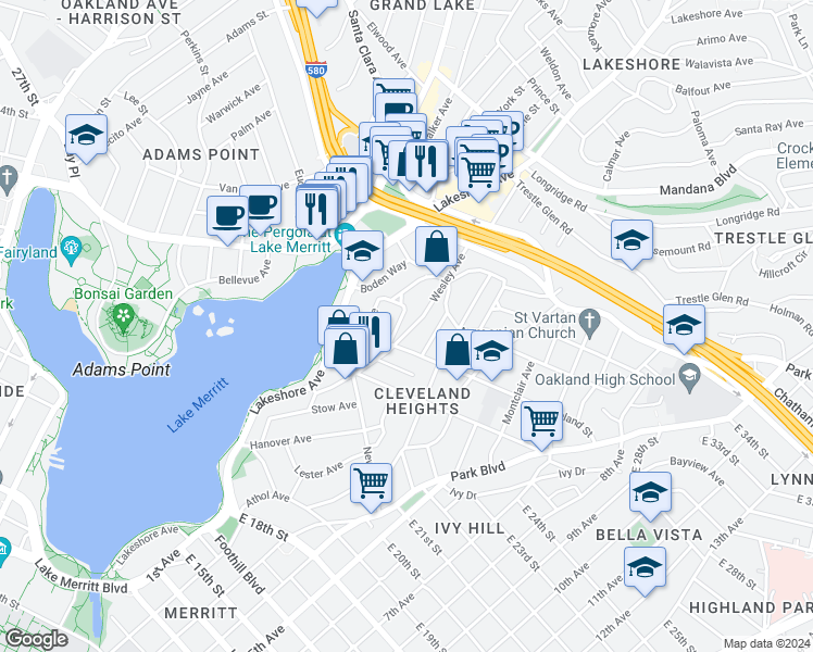 map of restaurants, bars, coffee shops, grocery stores, and more near 568 Wesley Avenue in Oakland