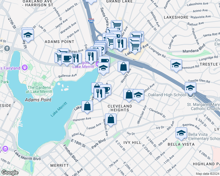 map of restaurants, bars, coffee shops, grocery stores, and more near 450 Merritt Avenue in Oakland