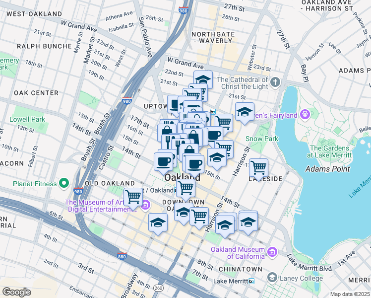 map of restaurants, bars, coffee shops, grocery stores, and more near in Oakland
