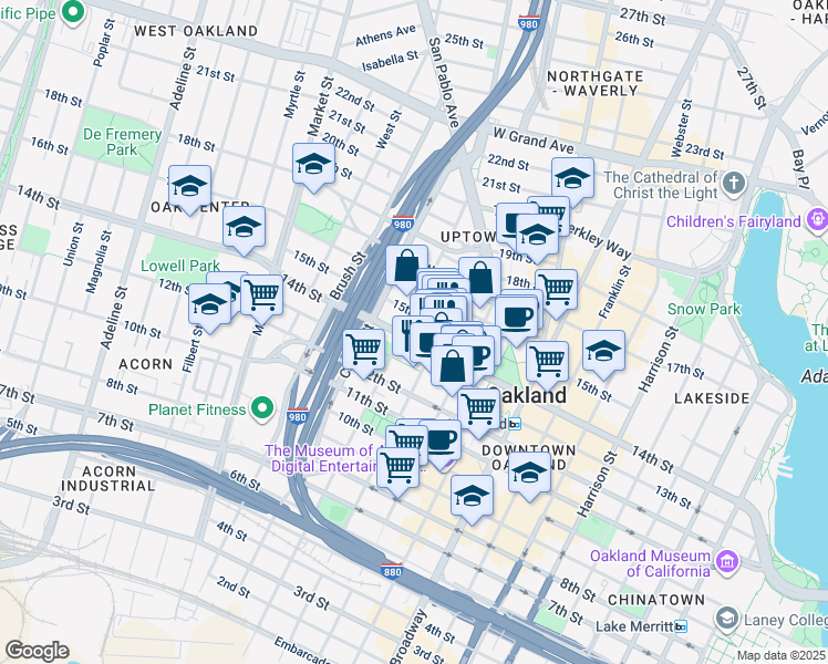 map of restaurants, bars, coffee shops, grocery stores, and more near 1307 Jefferson Street in Oakland