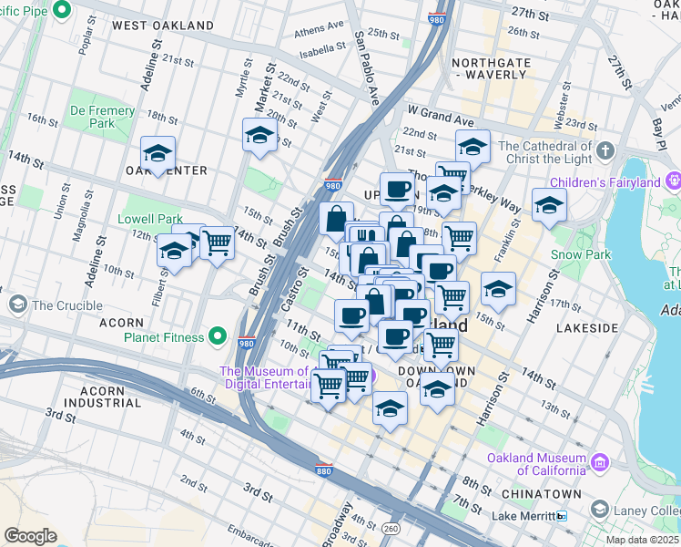 map of restaurants, bars, coffee shops, grocery stores, and more near 1307 Jefferson Street in Oakland