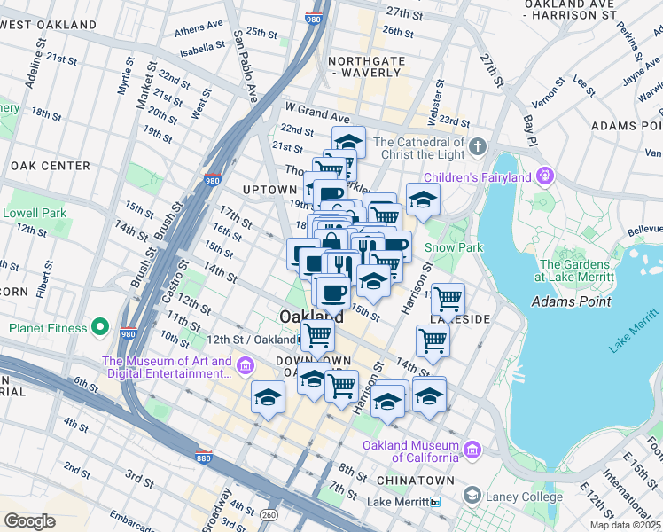 map of restaurants, bars, coffee shops, grocery stores, and more near in Oakland